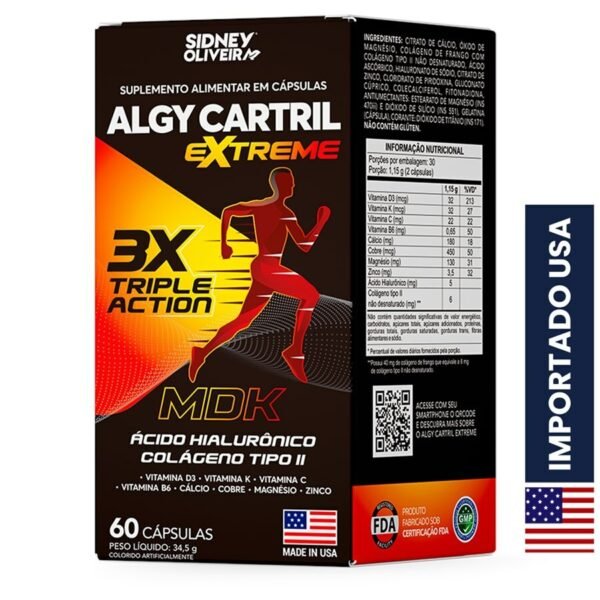 Colágeno Tipo Il + Ácido Hialurônico + Vitaminas + Minerais Algy Cartril Extreme Made In Usa 60 Cápsulas Sidney Oliveira